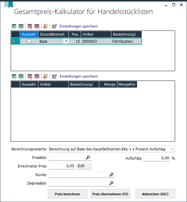 Gesamtpreis Kalkulator für Handelssztücklisten