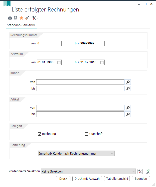 Liste erfolgter Rechnungen